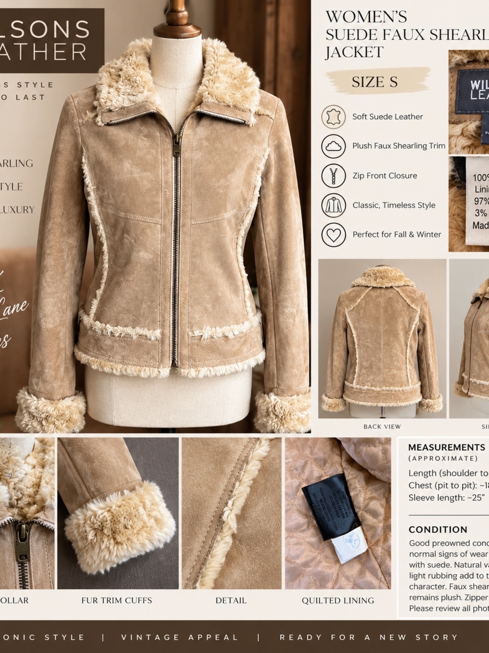 Wilsons Leather Beige Faux Suede Shearling Jacket